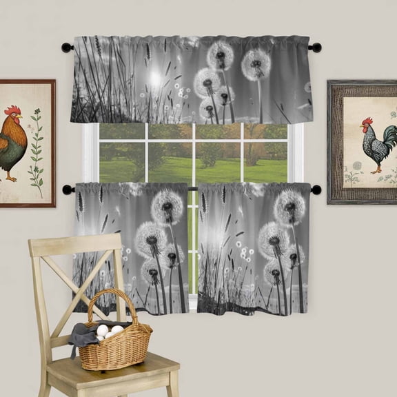 Farmhouse Grey Field Dandelion Rural Plant Curtain Tier and Valance Set 3 Piece, Idyllic Botanical 3-inch Rod Pocket Window Tier Curtains Valance for Kitchen Living Room