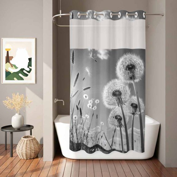 Farmhouse Grey Field Dandelion Rural Plant No Hook Shower Curtain with See Through Top Window,Idyllic Botanical Waterproof Shower Curtains for Home Hotel Bathroom Decor,36x72in