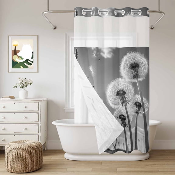 Farmhouse Grey Field Dandelion Rural Plant No Hook Shower Curtain with Snap in Liner Set,Idyllic Botanical Waterproof Fabric Shower Curtains with See Through Top Window for Bathroom,36Wx72L