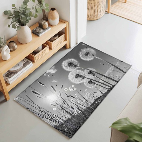 Farmhouse Grey Field Dandelion Rural Plant Rectangle Area Rug 2x3ft,Living Room Rug Non-Slip Washable Circle Rugs Pad,Idyllic Botanical Soft Floor Carpet for Bedroom Dining Room