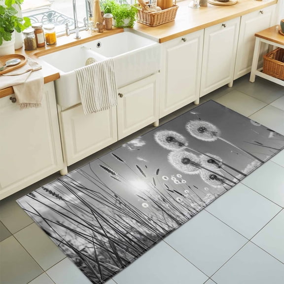 Farmhouse Grey Field Dandelion Rural Plant Rectangle Area Rug 2x6ft,Living Room Rug Non-Slip Washable Circle Rugs Pad,Idyllic Botanical Soft Floor Carpet for Bedroom Dining Room