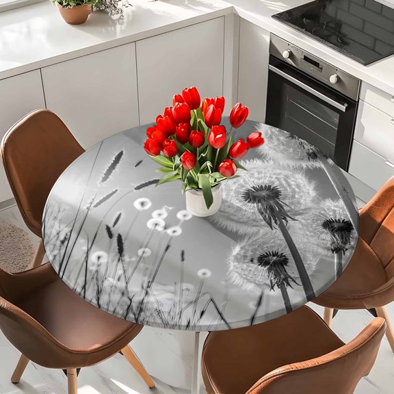 Farmhouse Grey Field Dandelion Rural Plant Round Fitted Tablecloth with Elastic Edge,Waterproof Table Cloth Fits Tables Up to 36"-44",Wipeable Washable Table Cover for Dinning Party,Idyllic Botanical