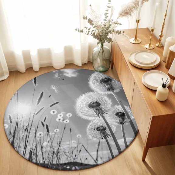 Farmhouse Grey Field Dandelion Rural Plant Round Rug 3ft Idyllic Botanical Washable Area Rugs for Living Room Bedroom Entryway Non Slip Entrance Door Mat Indoor Floor Carpet