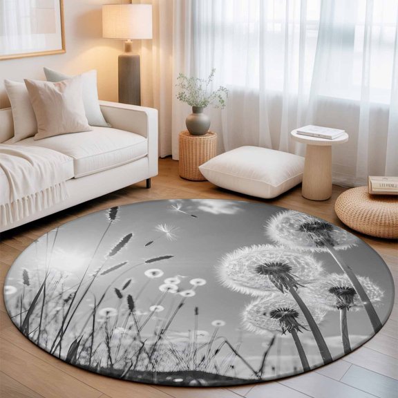Farmhouse Grey Field Dandelion Rural Plant Round Rug 5ft Idyllic Botanical Washable Area Rugs for Living Room Bedroom Entryway Non Slip Entrance Door Mat Indoor Floor Carpet