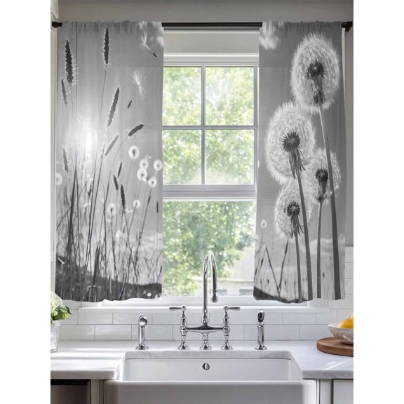 Farmhouse Grey Field Dandelion Rural Plant Sheer Curtains 2 Panels Set Idyllic Botanical Lihgt Filtering Rod Pocket Voile Drape,Semi Sheer Window Curtains for Bedroom Living Room,52"x72"