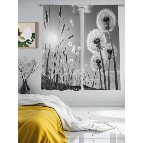 Farmhouse Grey Field Dandelion Rural Plant Sheer Curtains 2 Panels Set Idyllic Botanical Lihgt Filtering Rod Pocket Voile Drape,Semi Sheer Window Curtains for Bedroom Living Room,52"x63"