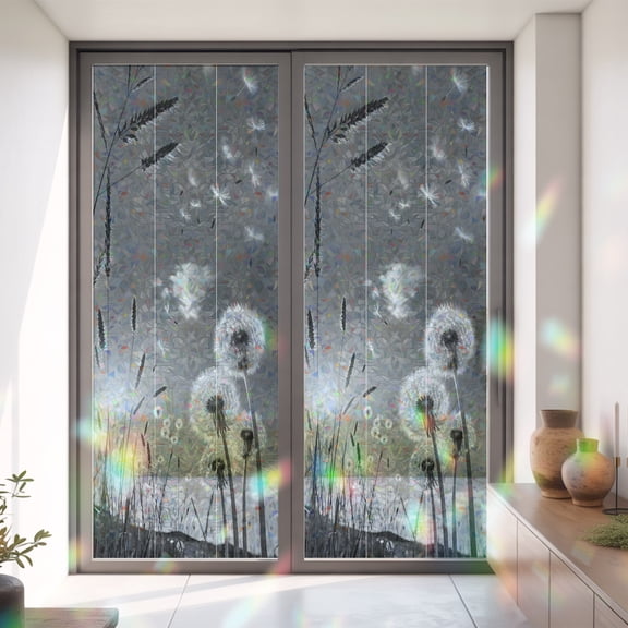 Farmhouse Grey Field Dandelion Rural Plant Window Privacy Film,Decorative Windows Static Cling Idyllic Botanical Heat Control Removable Glass Sticker for Home Bathroom Bedroom Window Door,35x79in