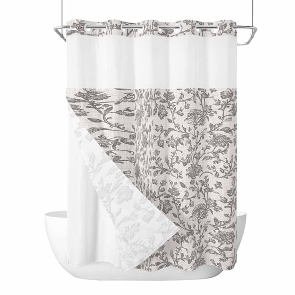 Farmhouse Grey No Hook Shower Curtain Waterproof, Bathroom Curtains with Snap in Liners and See Through Top Window, Vintage Flower Leaf Botanical Plant Hotel Style Bathtub Curtains Shower 60"Wx72"L