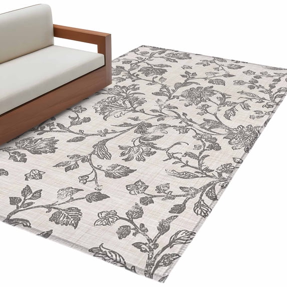 Farmhouse Grey Large Area Rugs for Bedroom Living Room, Soft Non Slip Carpet Bedside Rug, Vintage Flower Leaf Botanical Plant Rectangular Floor Cover Kitchen Accent Rug 3'x5' for Dining Room/Office