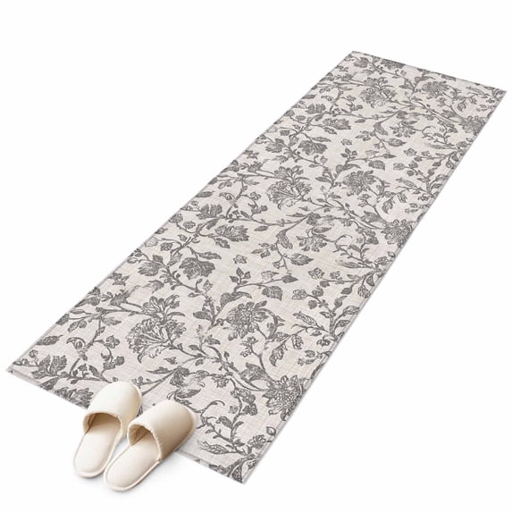 Farmhouse Grey Large Area Rugs for Bedroom Living Room, Soft Non Slip Carpet Bedside Rug, Vintage Flower Leaf Botanical Plant Rectangular Floor Cover Kitchen Accent Rug 2'x6' for Dining Room/Office