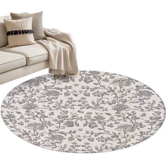 Farmhouse Grey Large Area Rugs for Bedroom Living Room, Soft Non Slip Carpet Bedside Rug, Vintage Flower Leaf Botanical Plant Round Floor Cover Kitchen Accent Rug 3' for Dining Room/Office