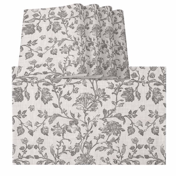 Farmhouse Grey Placemats for Dinning Table Set of 4, Vintage Flower Leaf Botanical Plant Burlap Kitchen Place Mats Waterproof Cloth Table Mats, Indoor Outdoor Placemats Easy Clean Dinner Decor