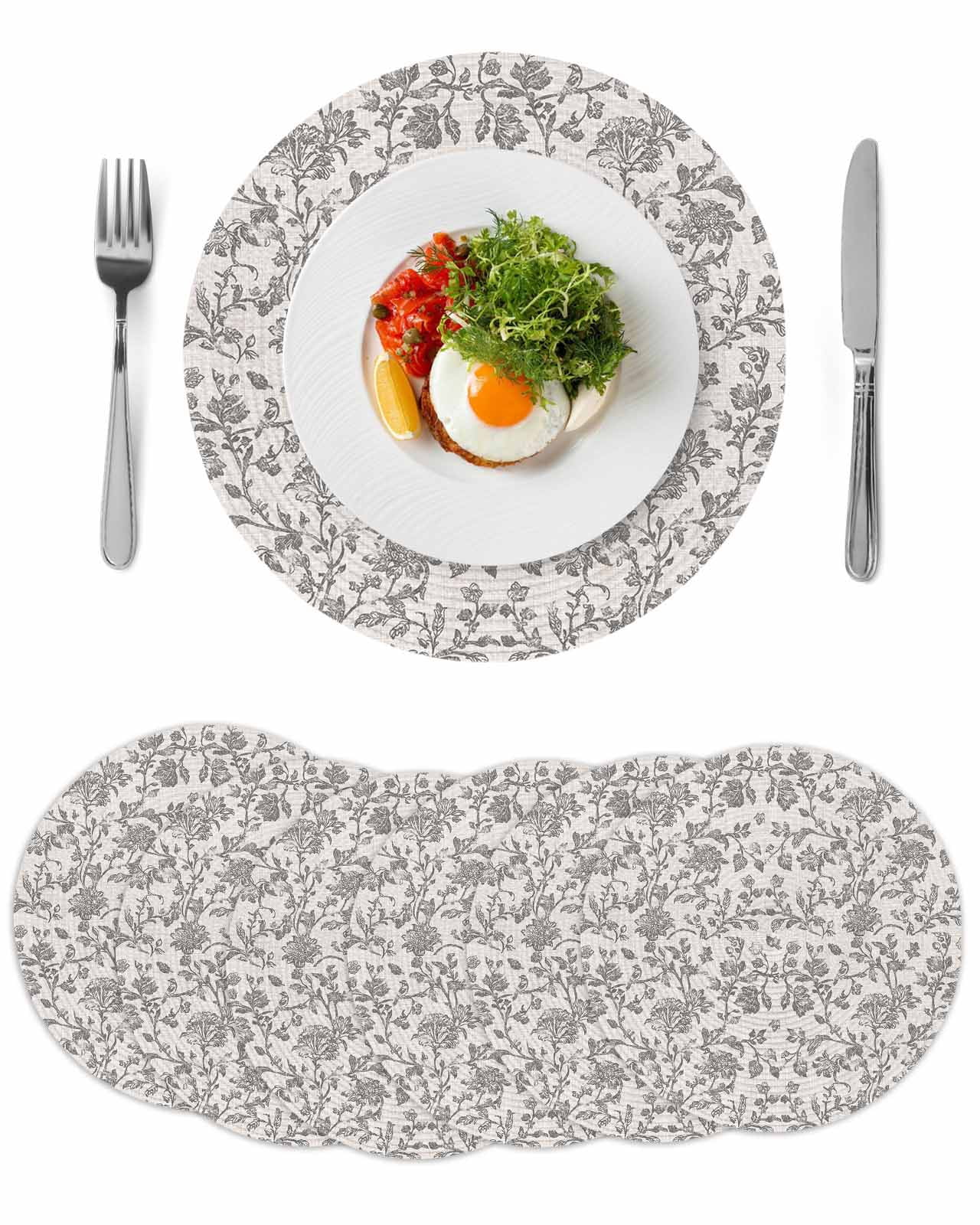 Farmhouse Grey Round 13 Inch Placemats Set of 6, Vintage Flower Leaf Botanical Plant HeatResistant Non Slip Place Mats for Dining Table, Wipeable Braided Kitchen Table Mats for Housewarming
