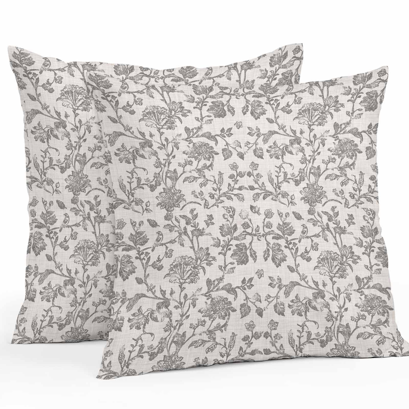 Farmhouse Grey Waterproof Outdoor Throw Pillow Covers 18''x18'' Pack 2, Pillow Cases Throw Cushion Cover with Zipper, Vintage Flower Leaf Botanical Plant Washable Pillowcase for Poolside Sofa
