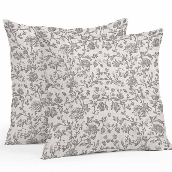 Farmhouse Grey Waterproof Outdoor Throw Pillow Covers 18''x18'' Pack 2, Pillow Cases Throw Cushion Cover with Zipper, Vintage Flower Leaf Botanical Plant Washable Pillowcase for Poolside Sofa
