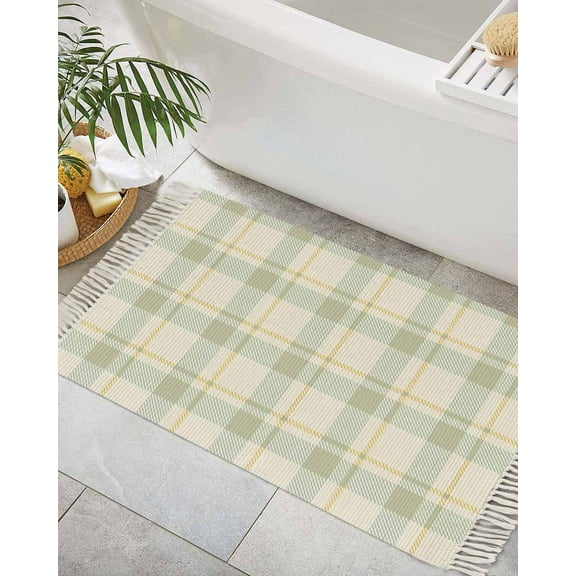Farmhouse Grid,Bath Rug 2x3ft Woven Bathroom Entryway Runner Rug,Country Minimalistic Geometric Plaid Lattice Washable Living Room Hallway Bedroom Kitchen Carpet with Tassels,Indoor Outdoor Doormat