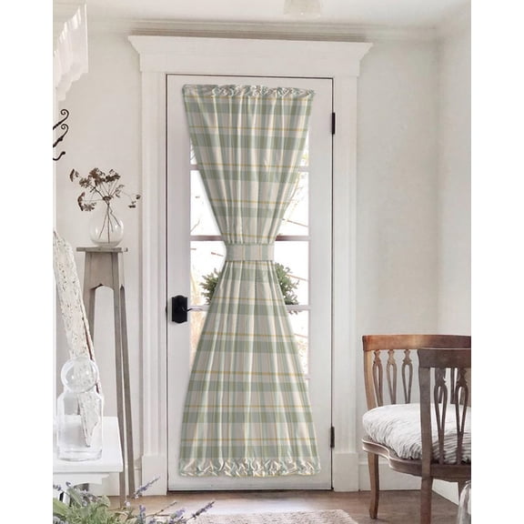 Farmhouse Grid, Blackout Door Curtains for French, Glass,Front, Back, Patio Door, Country Minimalistic Geometric Plaid Lattice Thermal Insulated Rod Pocket Window Curtain Drapes With Tiebacks 25"x72"