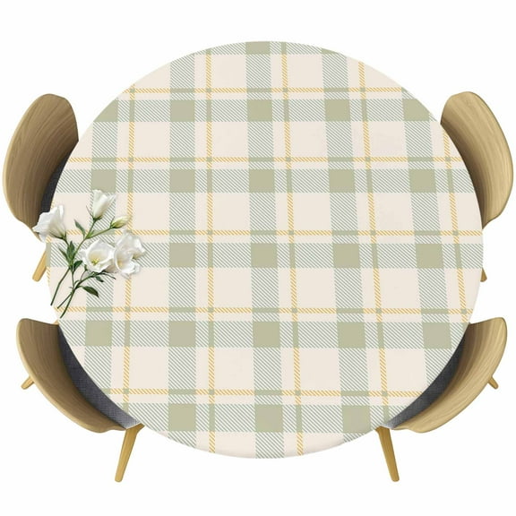 Farmhouse Grid, Fitted Tablecloth with Elastic Edged, Round Table Cloth for Dining Table, Country Minimalistic Geometric Plaid Lattice Waterproof Oil Proof Table Cover for Indoor Outdoor 36"-44"
