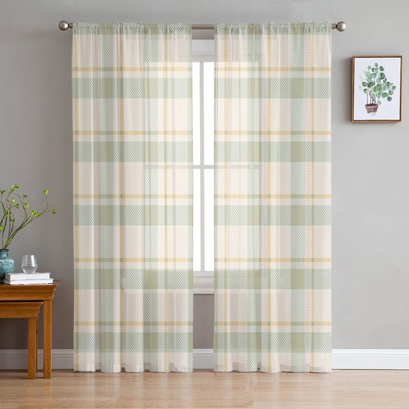 Farmhouse Grid Semi Sheer Curtains 63 Inch Length 2 Panels Set,Country Minimalistic Geometric Plaid Lattice Sheer Kitchen Curtain Privacy Voile Window Curtain for Living Room Rod Pocket Drapes