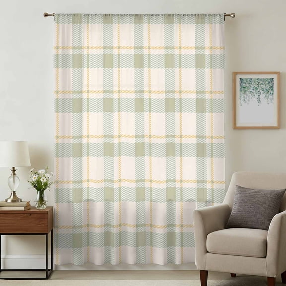 Farmhouse Grid, Sheer Curtains 45 Inches Long, Country Minimalistic Geometric Plaid Lattice Light Filering Curtains, Breathable Simi Curtain Privacy Drapes for Kitchen Bathroom Small Window Treatment