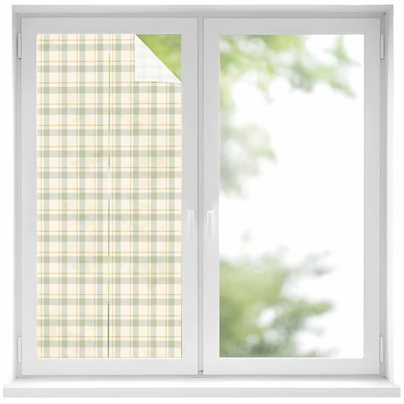Farmhouse Grid, Window Privacy Film, Country Minimalistic Geometric Plaid Lattice Static Cling UV Sun Blocking Heat Control Window Tint, Non-Adhesive One Way Windows Privacy Cover 17.7''x39.3''