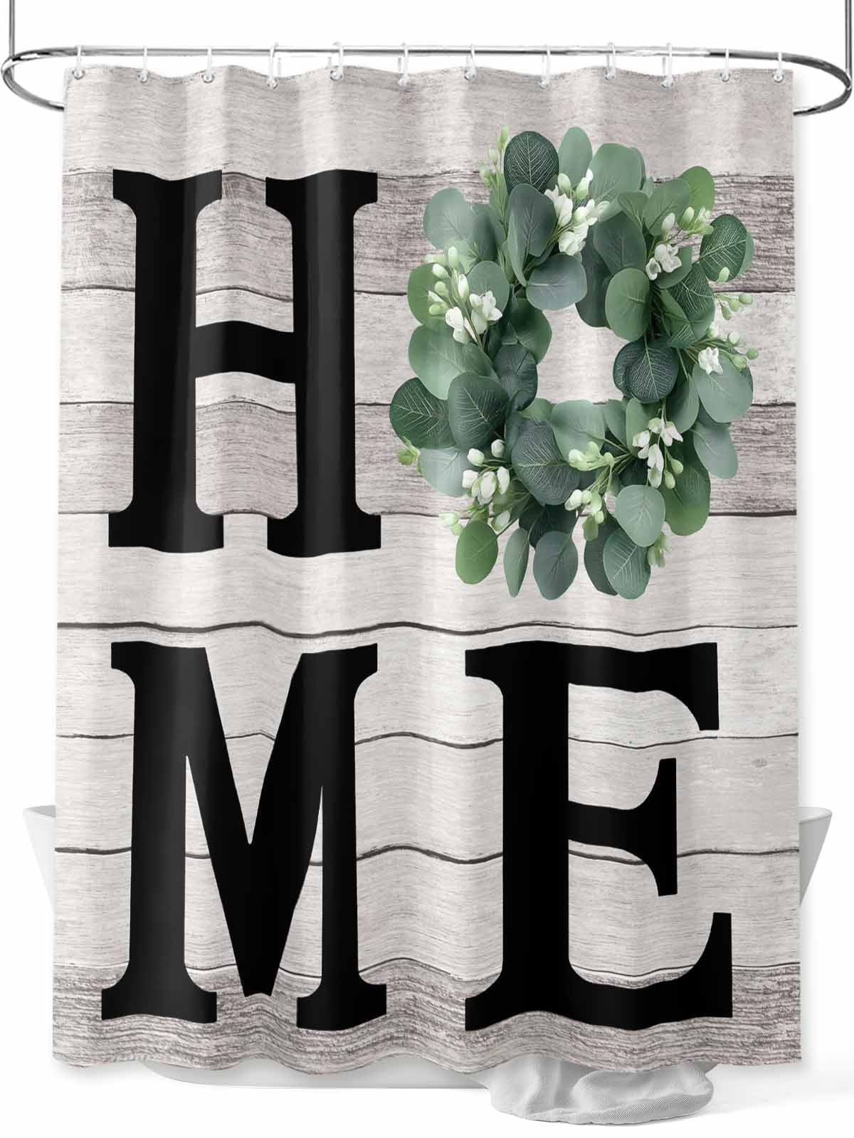 View of Farmhouse HOME Shower Curtain, Summer Eucalyptus Leaves Bathroom Decor ...