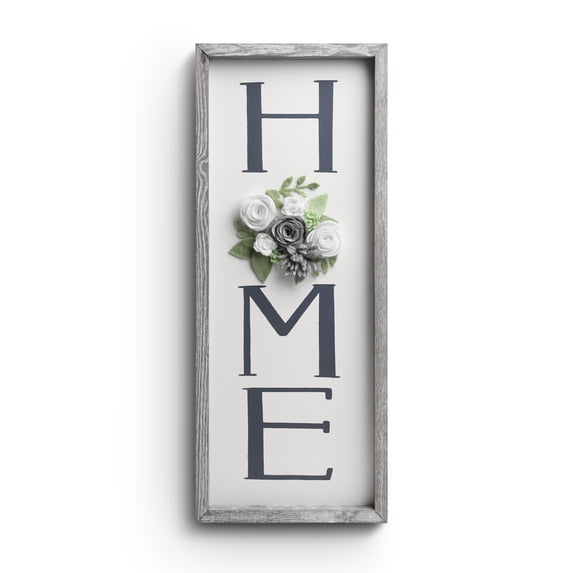 Farmhouse HOME Sign with Felt Flower, Home Plaque Wall Hanging Sign 21.7x8.6, Rustic Grey