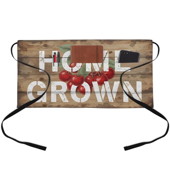 Farmhouse HOME Waitress Apron with 3 Pockets, Vintage Country Cherry Wood Plank Brown Server Aprons Waterproof Kitchen Restaurant Half Waist Apron for Men Women