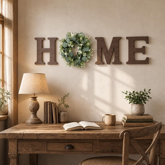 Farmhouse HOME Wall Sign, Rustic MDF Wood Letters Wall Decor with Artificial Eucalyptus Wreath, Elegant Home Wall Art Decoration for Living Room Kitchen Entryway, Perfect Housewarming Wedding Gift
