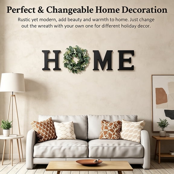 Farmhouse HOME Wooden Letters Wall Sign, Rustic Pine Wood H M E Letters with Artificial Eucalyptus Wreath for O, Decorative Wall Art for Living Room Entryway Home Decor
