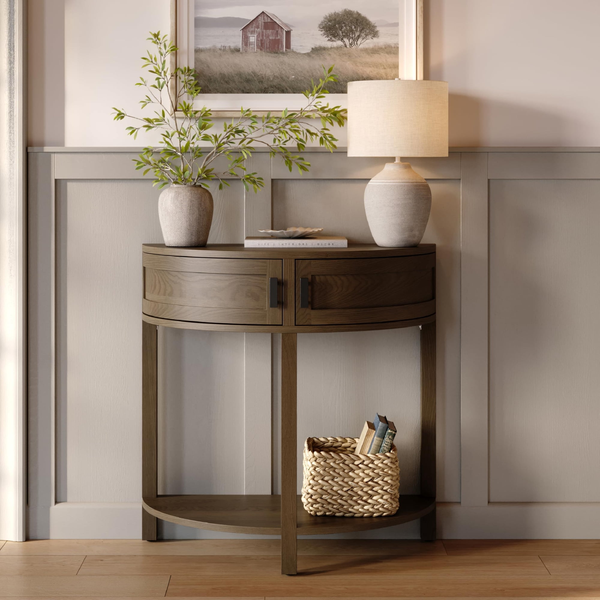 Farmhouse Half Moon Console Table - Small Entry Desk with Storage for