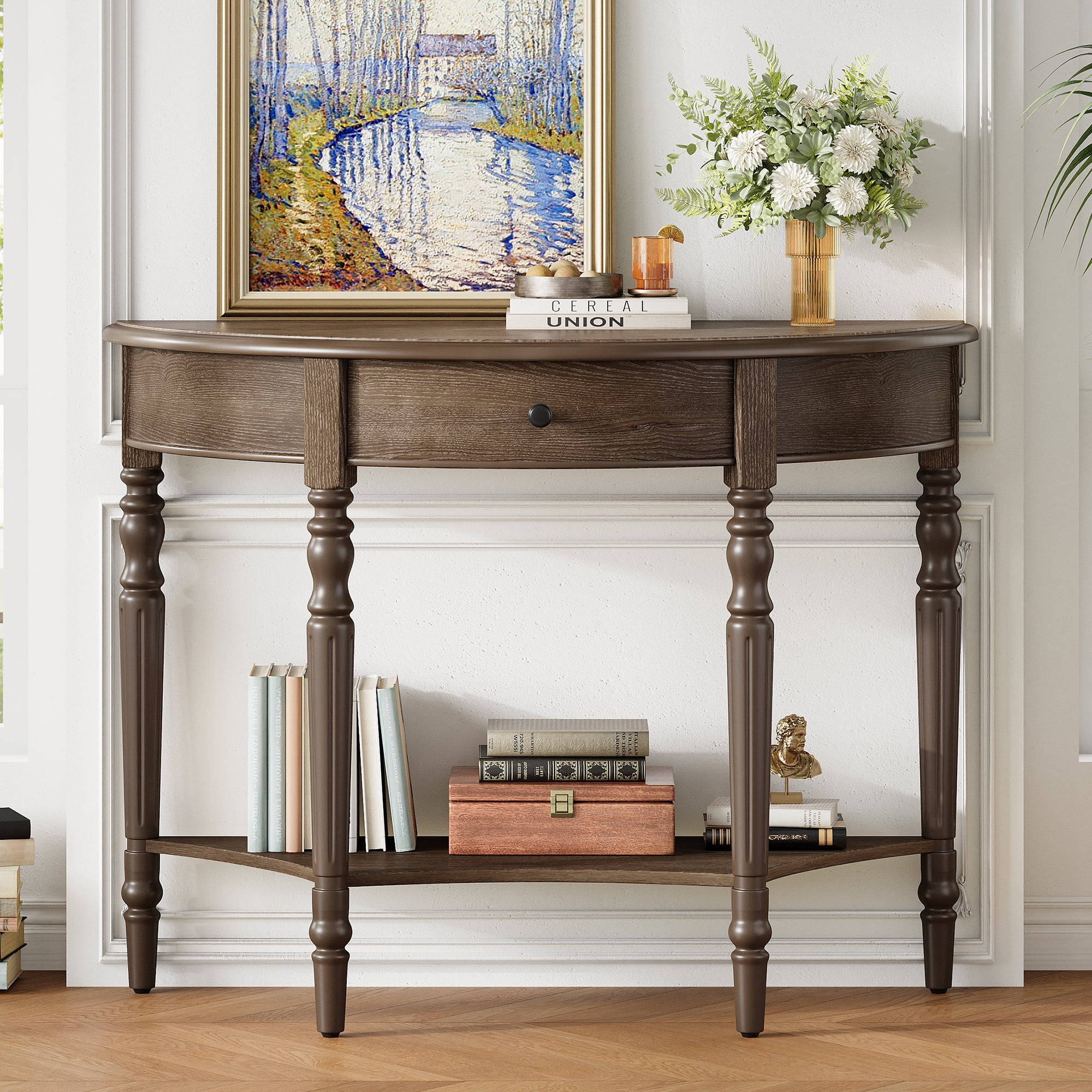 Farmhouse Half Moon Console Table with Drawer & Shelf, Rustic Accent Table, Sofa Table for Entryway, Living Room, Hallway and Foyer (Walnut)