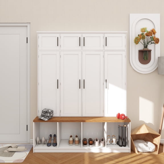 Farmhouse Hall Tree with 4 Hidden Hanging Hooks, Versatile Walnut Seating Bench with 8 Doors, Entryway Shoe Cabinet with Open Compartment for Living Room, White