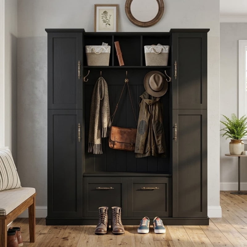 Farmhouse Hall Tree with 4 Side Cabinets, All-in-One Entryway Bench with Coat Rack & 5 Hooks, All-in-One Coat Rack with Adjustable Shelves & Open Cubbies