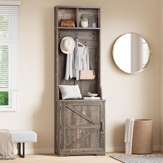 Farmhouse Hall Tree, 4-in-1 Coat Rack with Shoe Storage Bench, Entryway Coat Rack with 5 Hooks, 2 Cubbies & 1 Barn Door Cabinet for Entryway