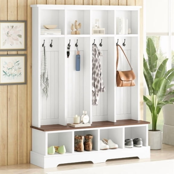 Farmhouse Hall Tree with 8 Hooks, Entryway Bench with Open Compartments, 3-in-1 Coat Rack and Shoe Storage Cabinet, Rustic Mudroom Organizer for Living Room, White