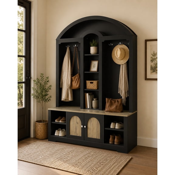 Farmhouse Hall Tree with APP Controlled LED Lights, Mudroom Bench with Shoe Cubbies and Cabinet, Entryway Coat Rack with 6 Hooks for Living Room, Hallway