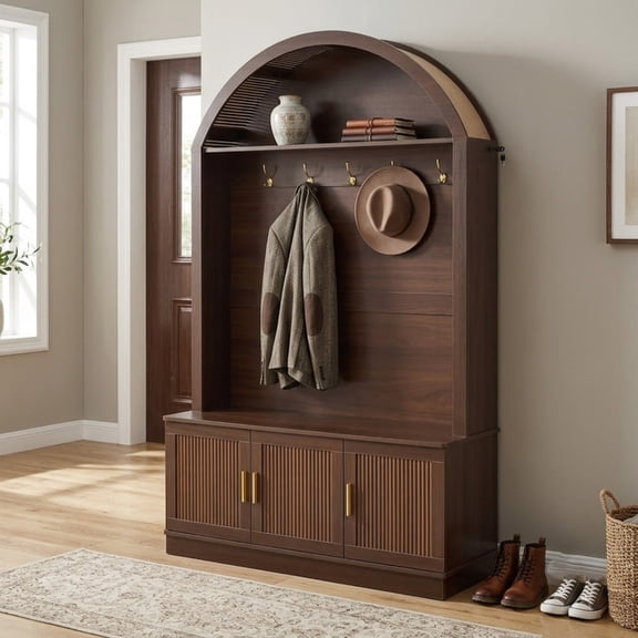 Farmhouse Hall Tree with Arched Top, Mid-Century Fluted Door Entryway Bench with Storage Cabinets & Adjustable Shelves, Coat Rack with 5 Metal Hooks for Hallway