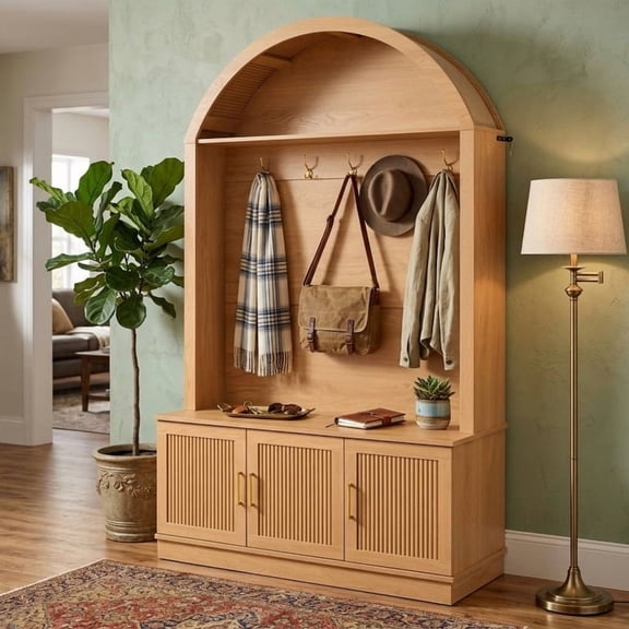 Farmhouse Hall Tree with Arched Top, Mid-Century Fluted Door Entryway Bench with Storage Cabinets & Adjustable Shelves, Coat Rack with 5 Metal Hooks for Hallway