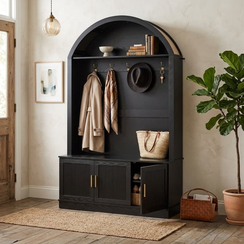 Farmhouse Hall Tree with Arched Top, Mid-Century Fluted Door Entryway Bench with Storage Cabinets & Adjustable Shelves, Coat Rack with 5 Metal Hooks for Hallway