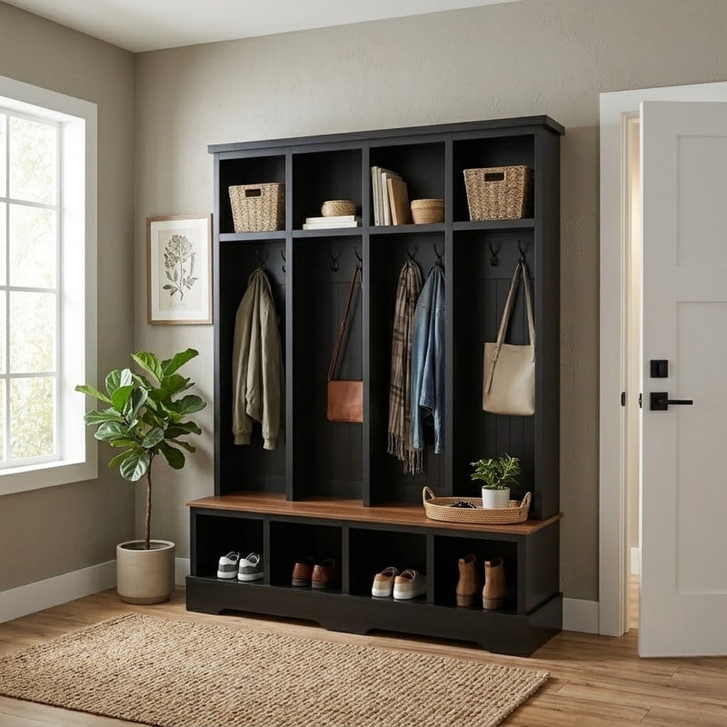 Farmhouse Hall Tree with Bench and 8 Hooks, 76.7" Entryway Coat Rack with Shoe Storage Compartments, 3-in-1 Mudroom Organizer, Hall Tree Bench for Entryway, Living Room