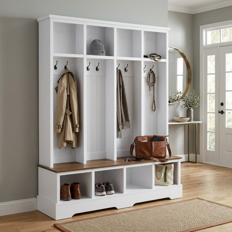 Farmhouse Hall Tree with Bench and 8 Hooks, 76.7" Entryway Coat Rack with Shoe Storage Compartments, 3-in-1 Mudroom Organizer, Hall Tree Bench for Entryway, Living Room