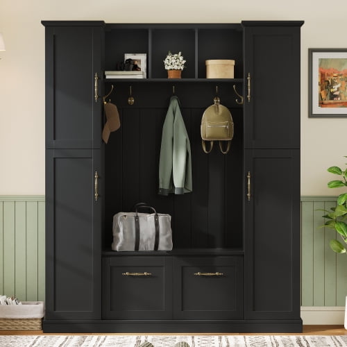 Farmhouse Hall Tree with Bench, Beadboard Back Panel, 4 Side Cabinets, Adjustable Shelves, Open Cubbies, Coat Rack & 5 Hooks, Entryway Mudroom Furniture, Black