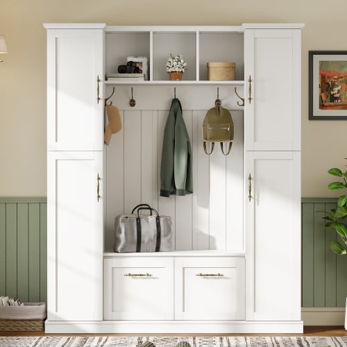 Farmhouse Hall Tree with Bench, Beadboard Back Panel, 4 Side Cabinets, Adjustable Shelves, Open Cubbies, Coat Rack & 5 Hooks, Entryway Mudroom Furniture, White