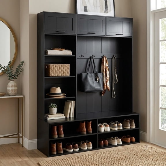 Farmhouse Hall Tree with Storage Bench, Entryway Coat Rack with 6 Hooks ...