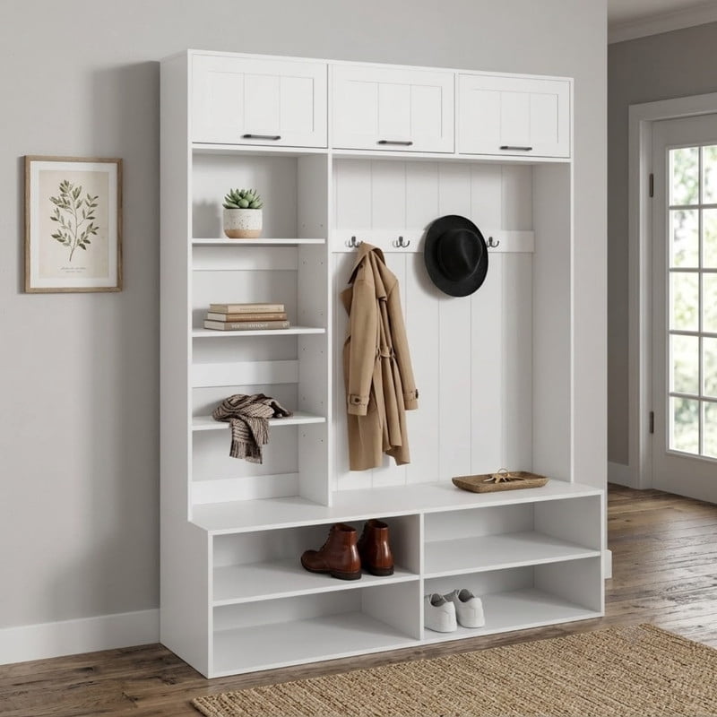Farmhouse Hall Tree with Bench and Shoe Storage, 5-in-1 Entryway Bench with Coat Rack, Modern Entryway Storage Organizer Cabinet with 4 Hooks for Hallway, Entryway