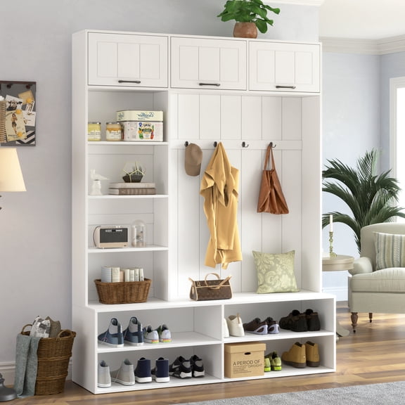 Farmhouse Hall Tree with Bench and Shoe Storage, 76.9" Entryway Storage Bench with Coat Rack and Hooks, Entryway Organizer Cabinet with Adjustable Shelves for Hallway, Living Room and Mudroom