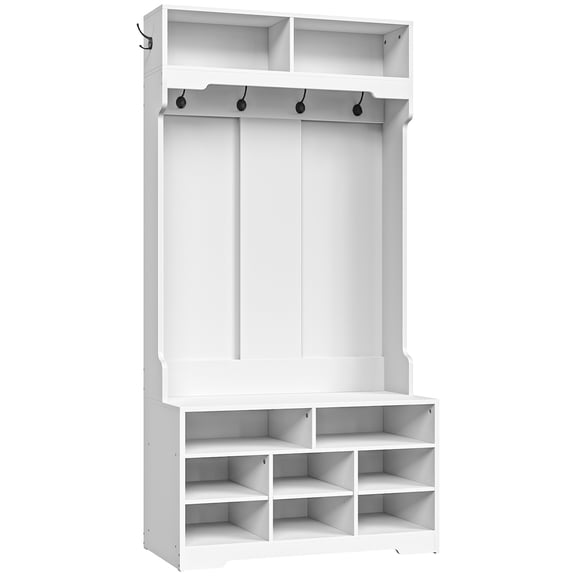 Farmhouse Hall Tree with Bench & Shoe Storage, Floor Standing Coat Rack with 6 Hooks, Entryway Organizer with 8 Shoe Cubbies & 3 Adjustable Shelves, for Hallway, Entryway White