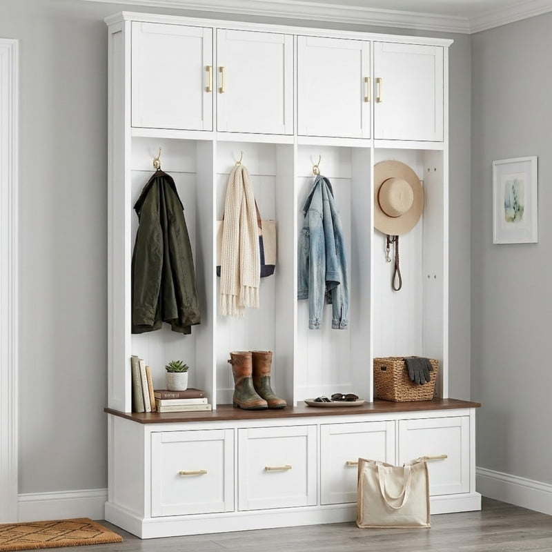 Farmhouse Hall Tree Entryway Storage Bench with Top Storage Cabinets, Mudroom Organizer Shoe Bench with 4 Drawers, Entryway Coat Rack with Hooks for Living Room Hallway