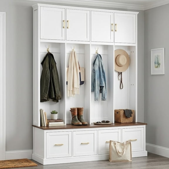 Farmhouse Hall Tree Entryway Storage Bench with Top Storage Cabinets, Mudroom Organizer Shoe Bench with 4 Drawers, Entryway Coat Rack with Hooks for Living Room Hallway